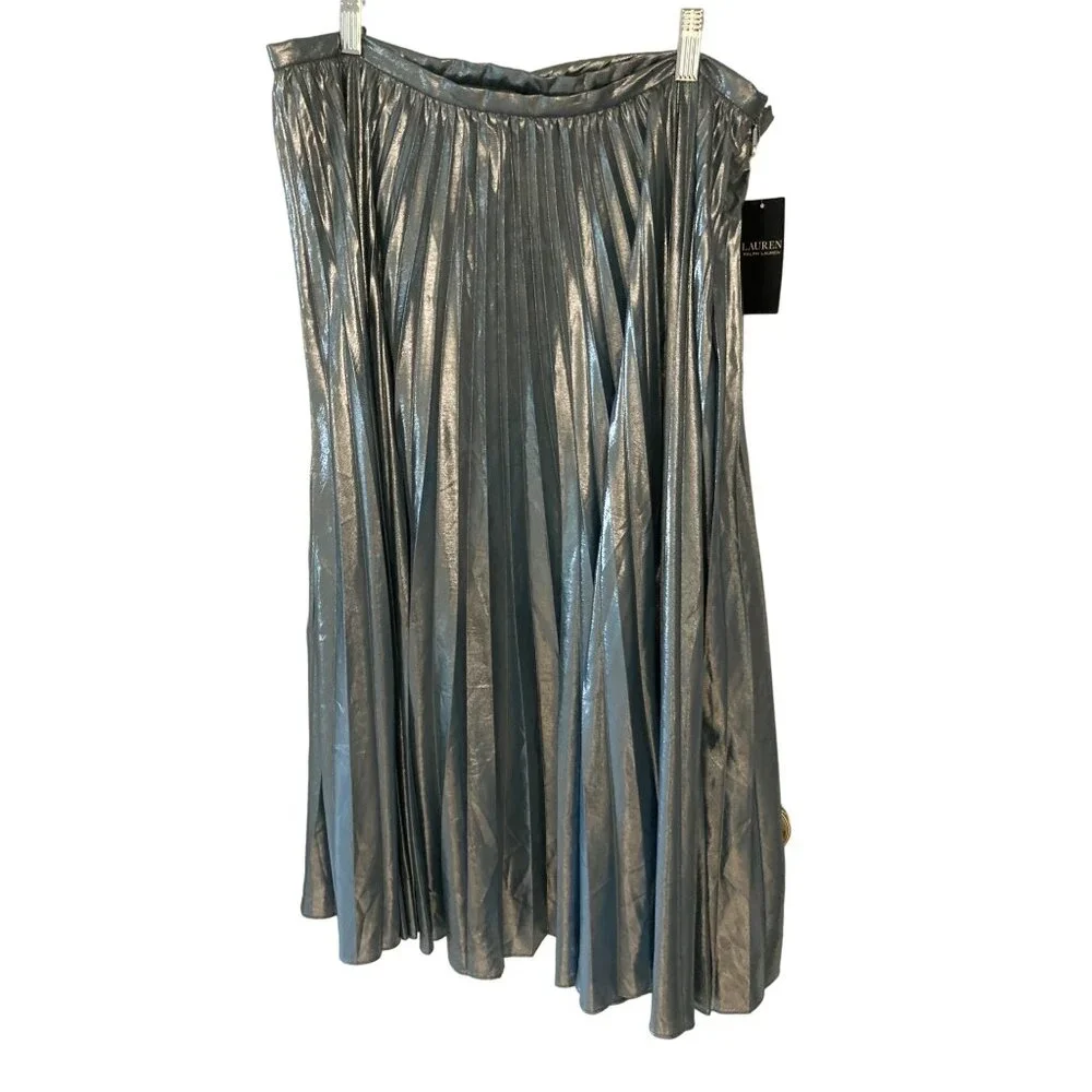 NWT LAUREN RALPH LAUREN PLEATED METALLIC CHIFFON SKIRT HIGHLAND SEASILVER FOIL 1 - Picture 3 of 8